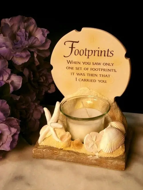 Footprints Votive Candle Holder – Inspirational Stone Resin & Glass Décor | Religious Gift with Candle IWGAC