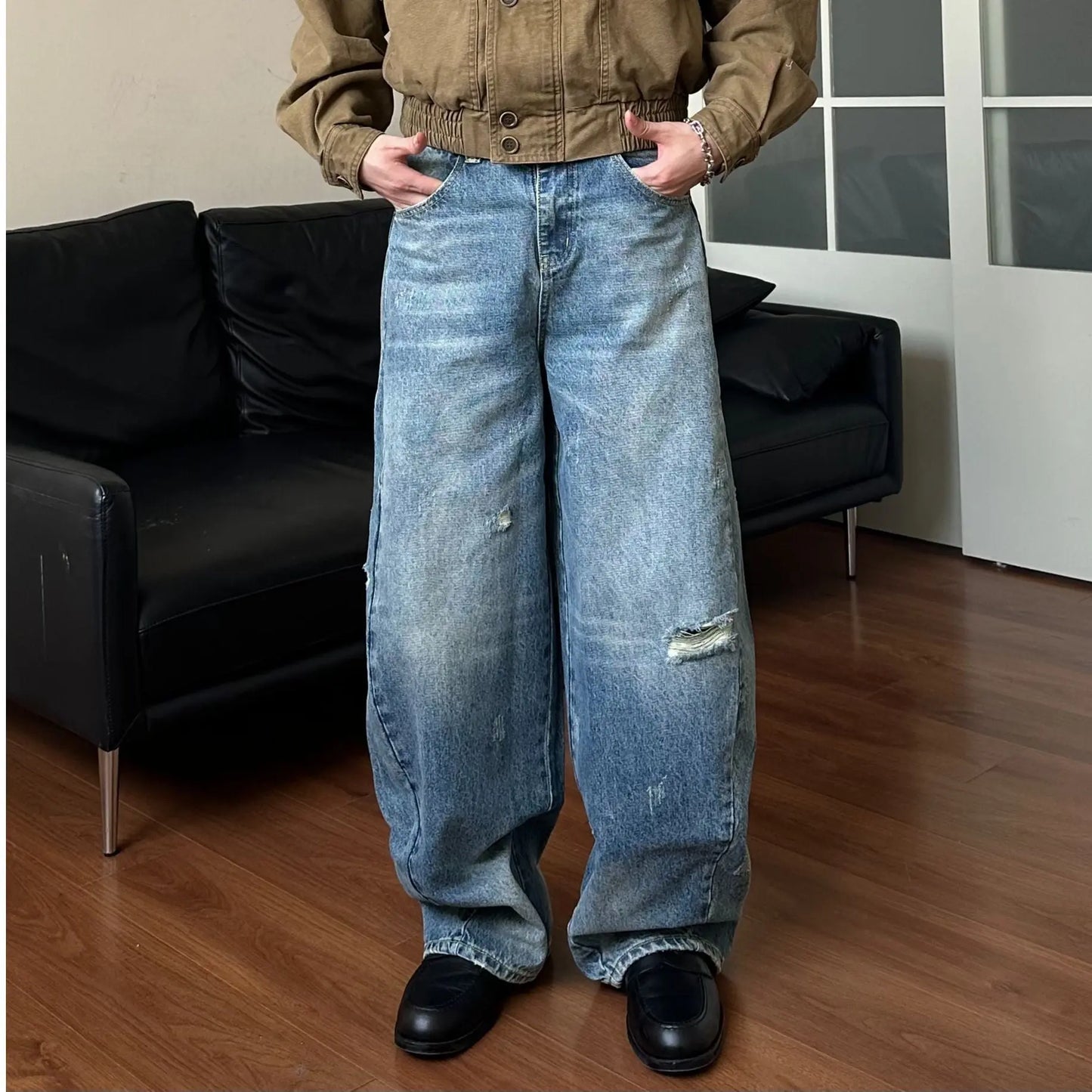 Men’s Straight Leg Jeans – High Waist Washed Denim Pants (Blue) EPR