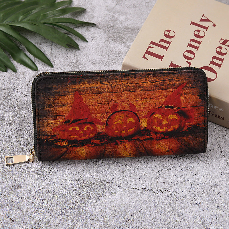 Halloween Pumpkin Wallet - Gothic Bat Print Fold Wallet with Chain Strap | Cute Spooky PU Coin Purse TED