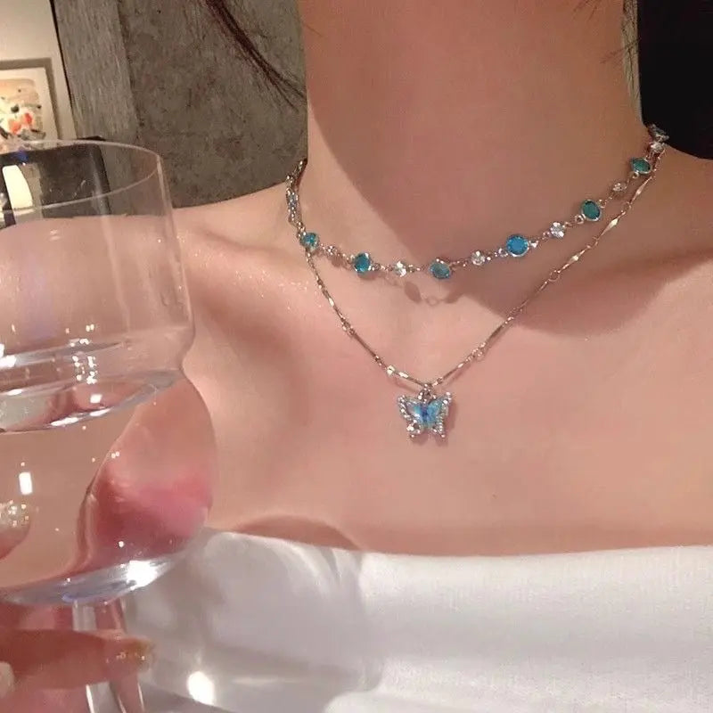 Blue Butterfly Double Layer Necklace Detachable Beaded & Pendant Chain TED