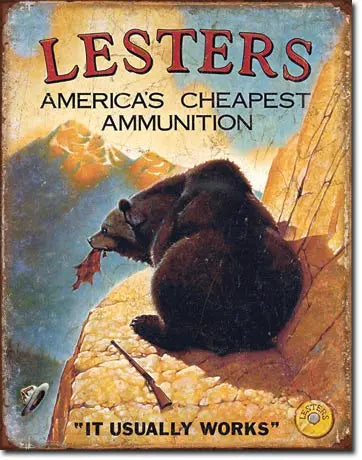 Lester’s America’s Cheapest Ammunition Tin Sign – Vintage Metal Wall Décor | Rustic Garage & Man Cave Sign IWGAC