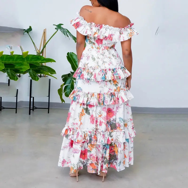 Women’s Ruffled Hem Maxi Dress – Elegant Printed Long Sleeve Dress | Office & Casual Flowy Dress CJ