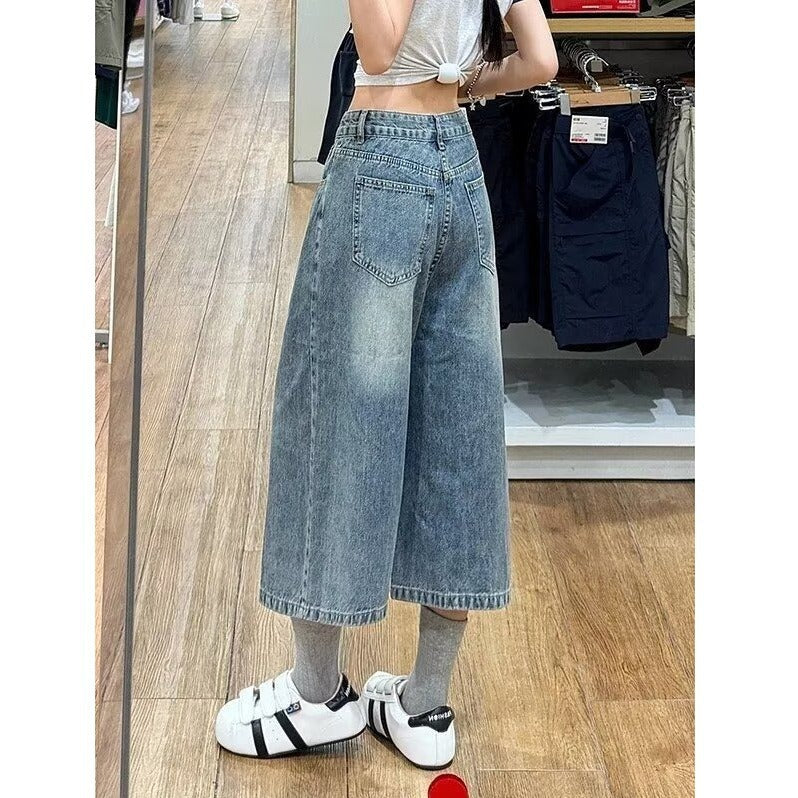 Women’s Cropped Straight Leg Denim Pants – Relaxed Wide Leg Cotton Blend Jeans | Casual Blue Ankle-Length Trousers EPR