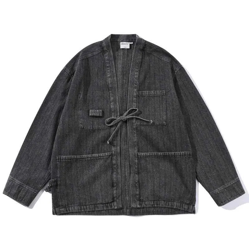 Mens V-Neck Denim Jacket Washed Cotton Oversized Ethnic Style Casual Coat