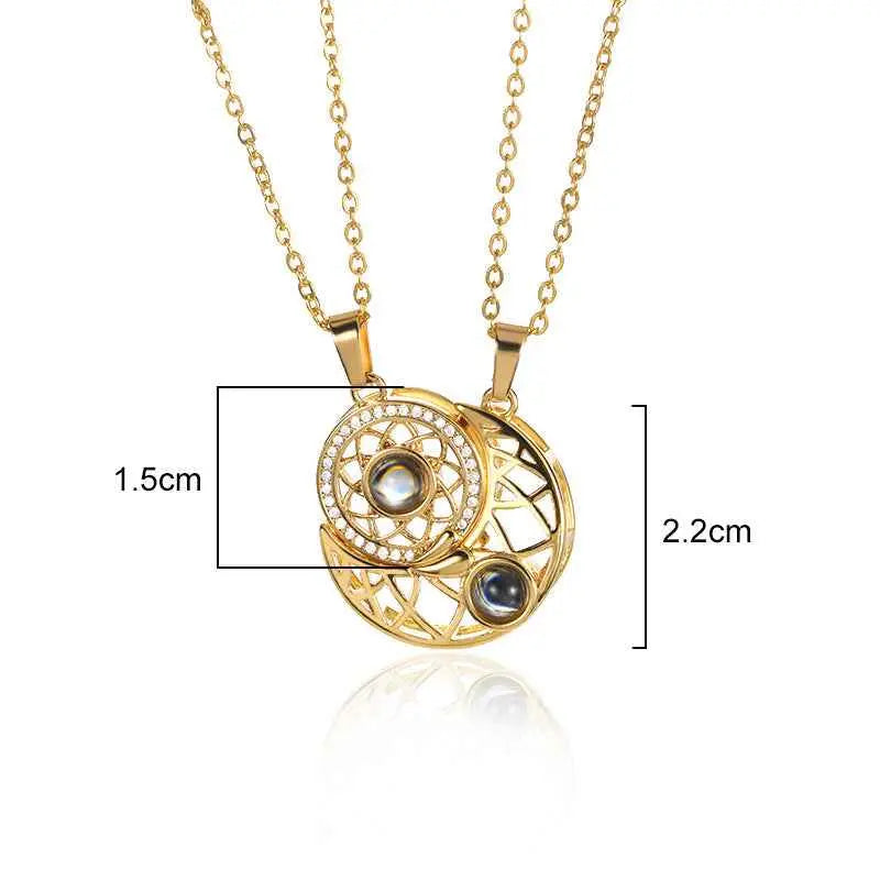 Sun & Moon Couple Projection Necklace – “I Love You” in 100 Languages Matching Set