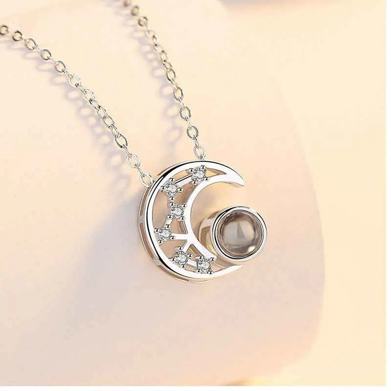 Star & Moon Projection Necklace – “I Love You” in 100 Languages Silver Clavicle Pendant