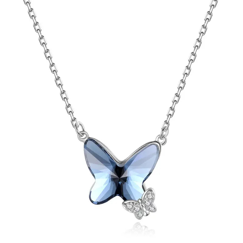 925 Sterling Silver Butterfly Necklace - Sapphire Blue CZ Pendant Necklace | Elegant Adjustable Women?s Jewelry