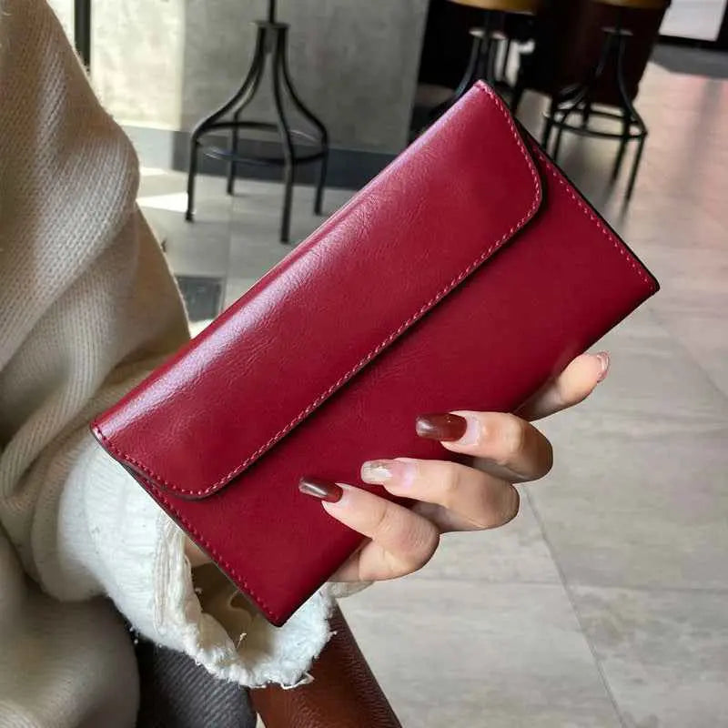 Genuine Leather Long Wallet - Large Capacity Cowhide Wallet with Multi-Compartments