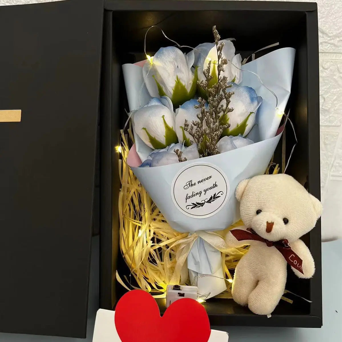 LED Soap Flower Bouquet Gift Set Romantic Rose Arrangement with Bear & Gift Box TED