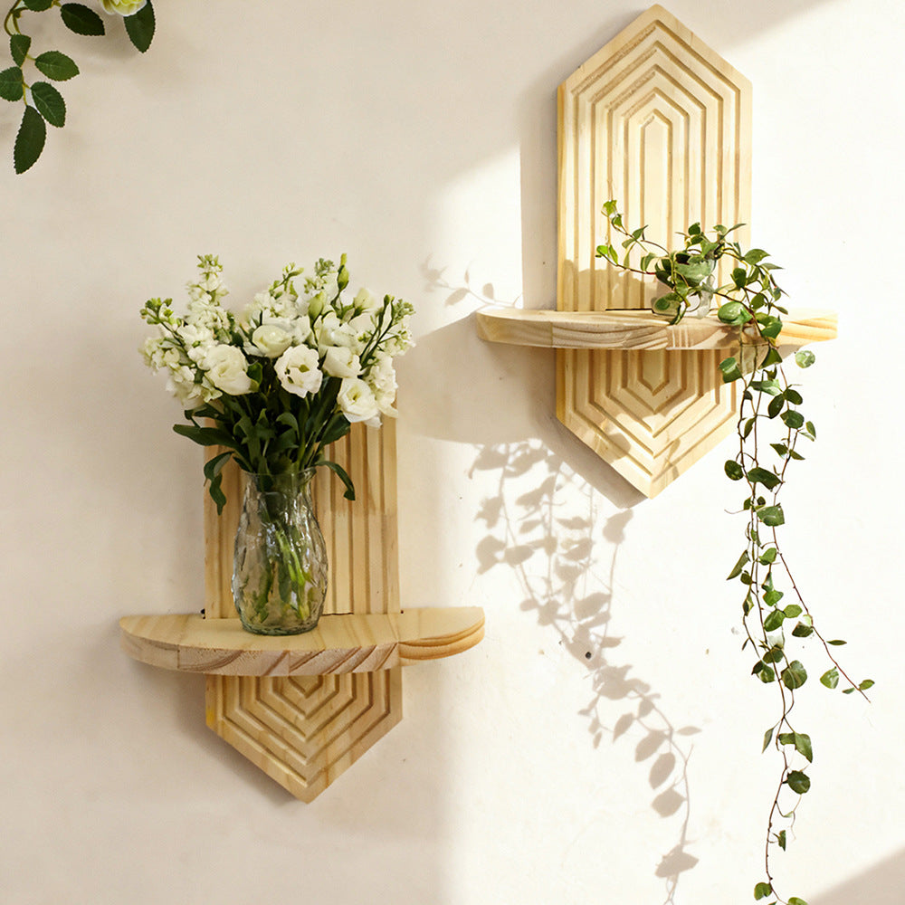 Bohemian Wooden Wall Plant Shelf - Diamond-Shaped Hanging Flower Pot Rack | Rustic Boho Home Decor TED