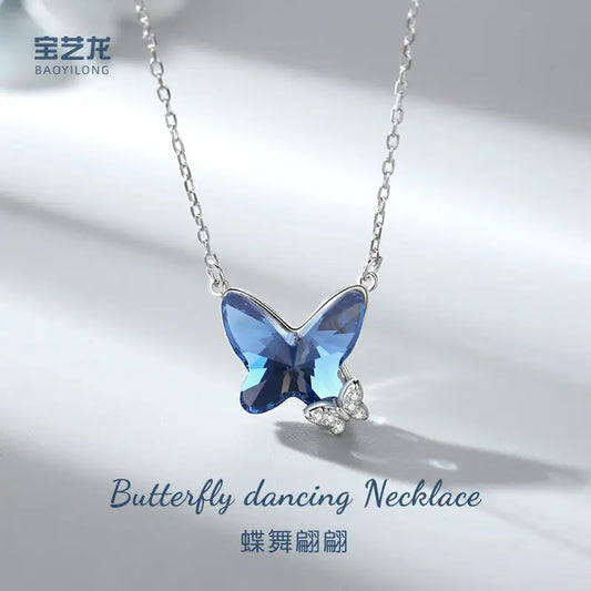 925 Sterling Silver Butterfly Necklace - Sapphire Blue CZ Pendant Necklace | Elegant Adjustable Women?s Jewelry