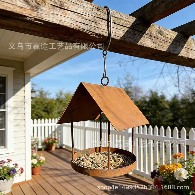 Vintage Iron Bird Feeder - Decorative Outdoor Garden Birdhouse | Rustic Metal Hanging Yard Ornament