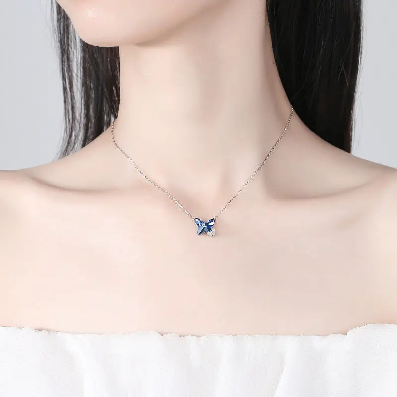 925 Sterling Silver Butterfly Necklace - Sapphire Blue CZ Pendant Necklace | Elegant Adjustable Women?s Jewelry