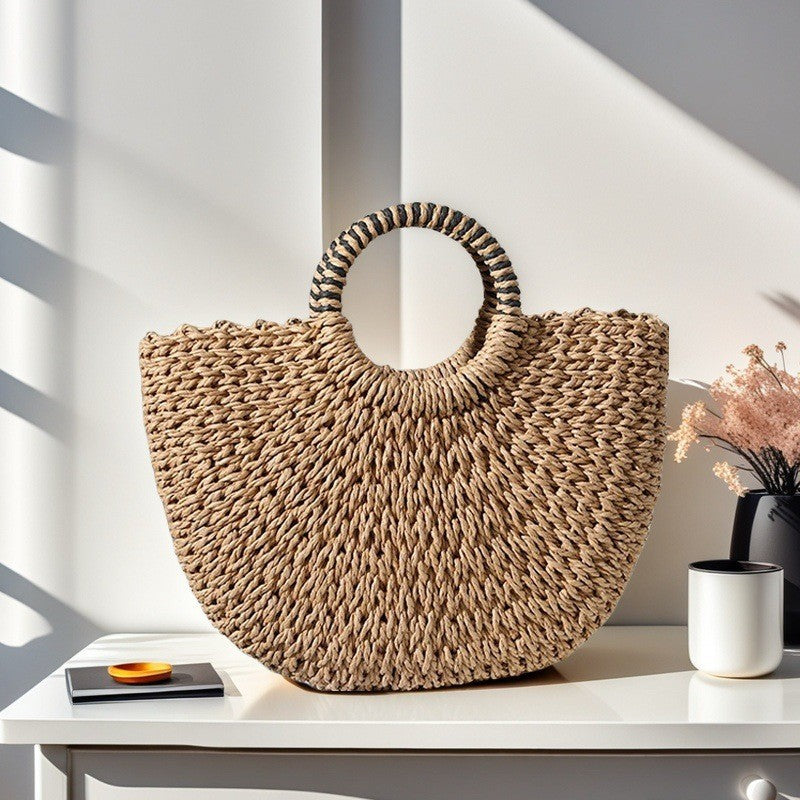 Bohemian Straw Shell Bag - Woven Semi-Circle Beach Handbag | Summer Vacation Boho Purse TED