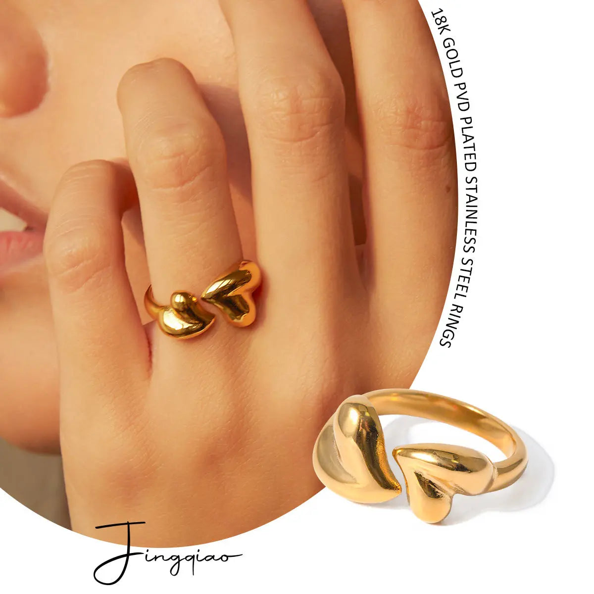 Asymmetric Heart Ring – Stainless Steel Open Adjustable Romantic Jewelry for Women CJ