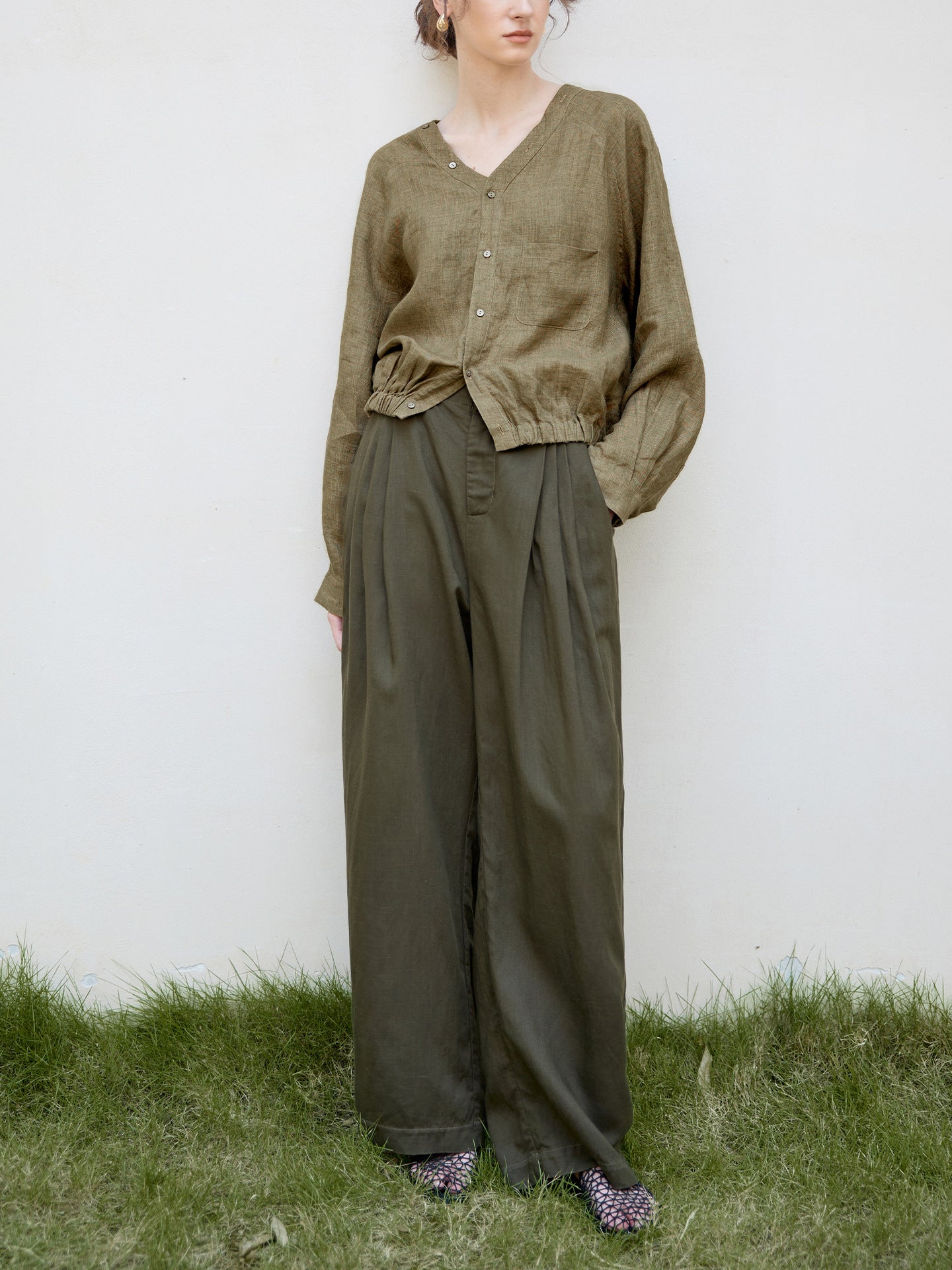 Women's Linen V-Neck Raglan Sleeve Shirt | Artistic Vintage Linen Blouse Women - EverCharm Gifts