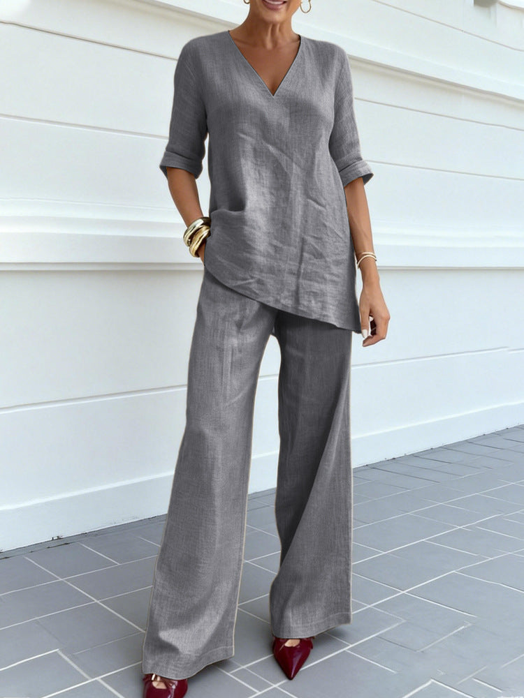 Womens Cotton Linen Lounge Set V-Neck 3/4 Sleeve Top & Casual Wide Leg Pants | Relaxed Two-Piece Outfit TED
