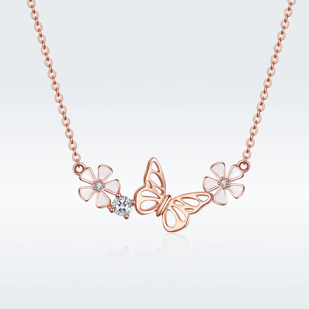 925 Silver Butterfly Flower Necklace - Elegant Floral Pendant Jewelry | Adjustable Water Wave Chain for Women