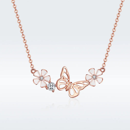 925 Silver Butterfly Flower Necklace - Elegant Floral Pendant Jewelry | Adjustable Water Wave Chain for Women