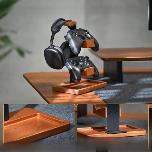 Wooden Gaming Headphone Stand | Multi-Tier Wood Headset & Controller Organizer - EverCharm Gifts