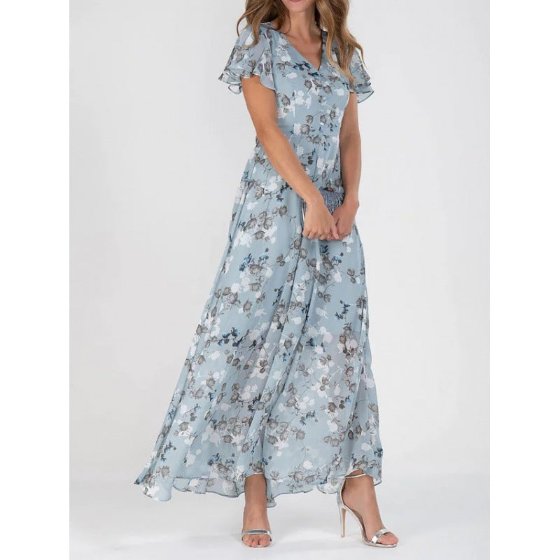 Womens Floral Chiffon Maxi Dress - Ruffle V-Neck Off-Shoulder Swing Dress | Elegant Boho Summer Dress TED