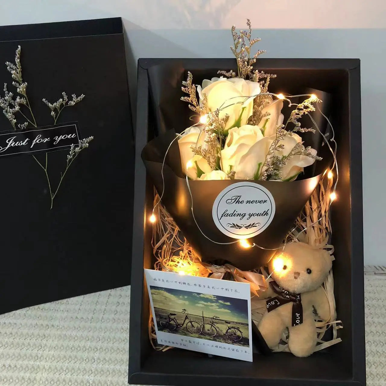 LED Soap Flower Bouquet Gift Set Romantic Rose Arrangement with Bear & Gift Box TED
