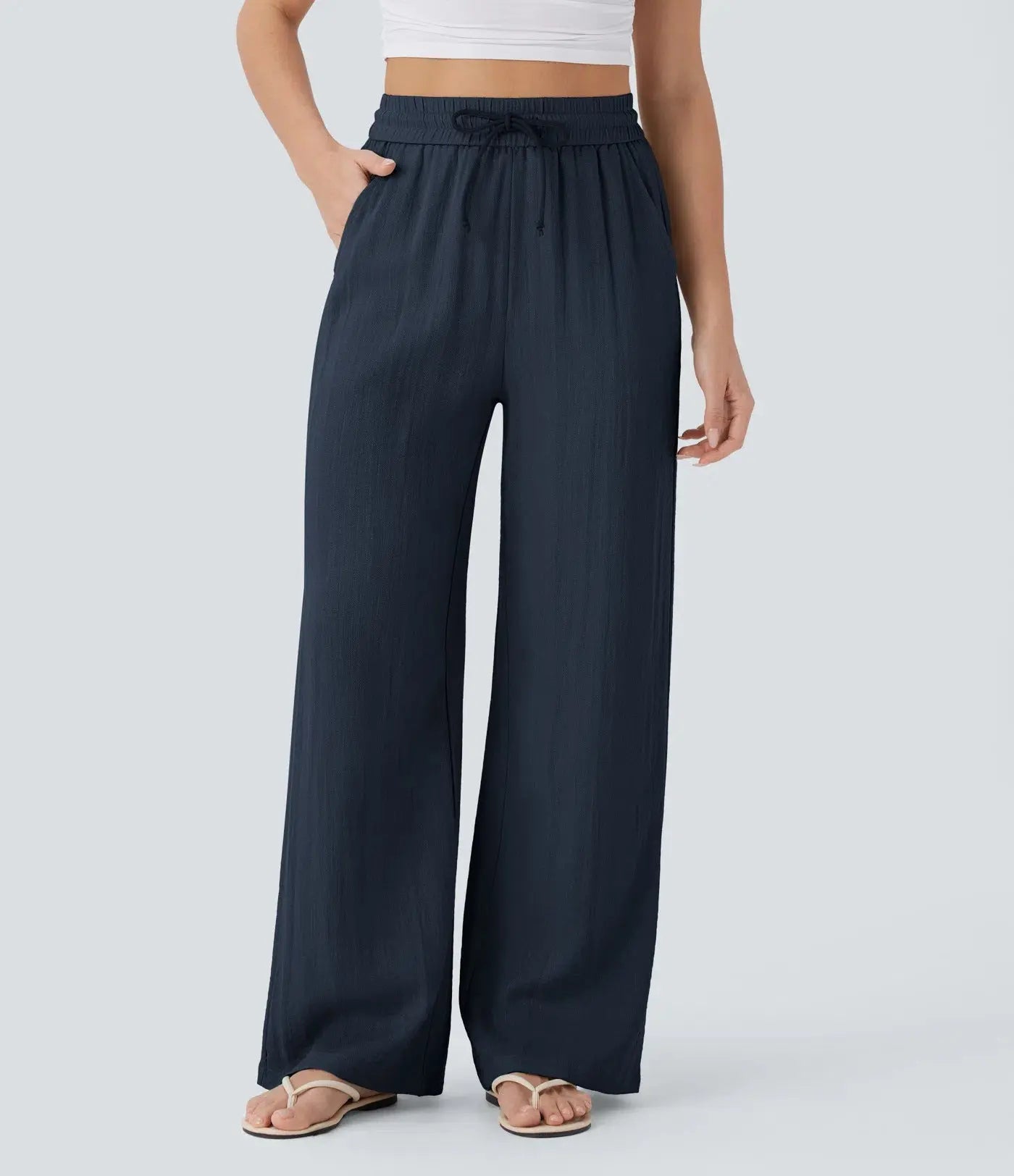 Women’s High-Waisted Wide Leg Pants – Drawstring Linen-Feel Trousers with Pockets | Casual Relaxed Fit TED