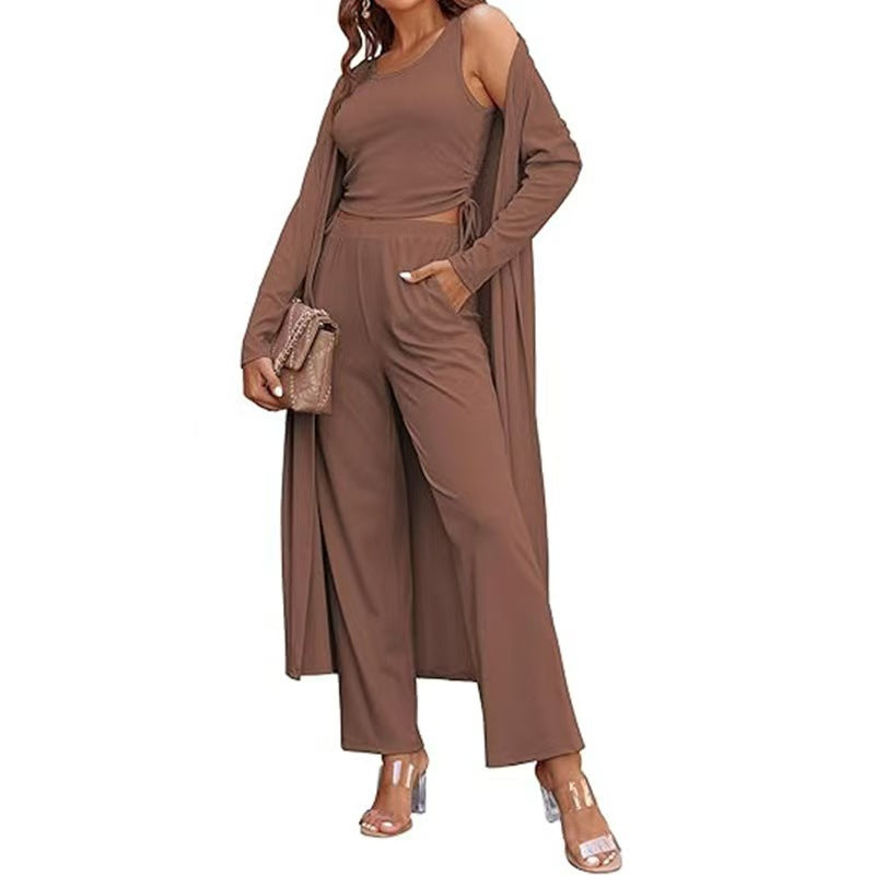 Women’s 3-Piece Knit Lounge Set – Long Sleeve Cardigan, Vest & Drawstring Pants | Elegant Casual Matching Outfit EPR