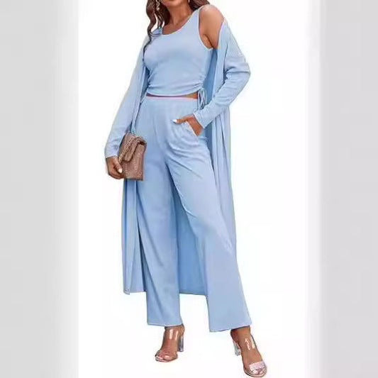 Women’s 3-Piece Knit Lounge Set – Long Sleeve Cardigan, Vest & Drawstring Pants | Elegant Casual Matching Outfit EPR