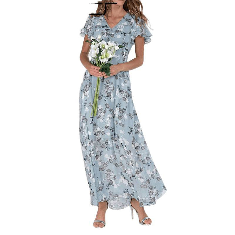 Womens Floral Chiffon Maxi Dress - Ruffle V-Neck Off-Shoulder Swing Dress | Elegant Boho Summer Dress TED