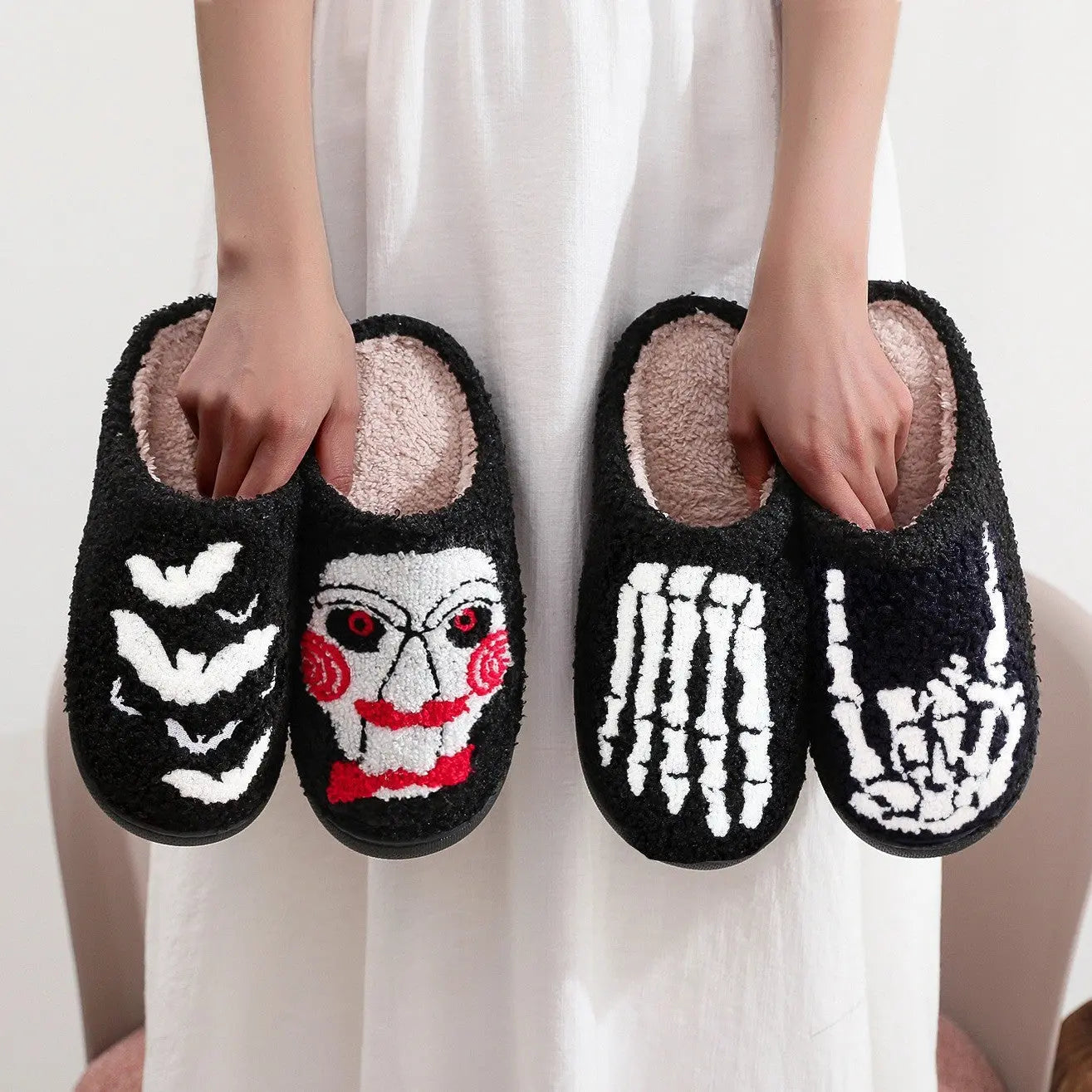 Halloween Plush Slippers Skull Pumpkin Ghost Cozy Anti-Slip Indoor Shoes TED