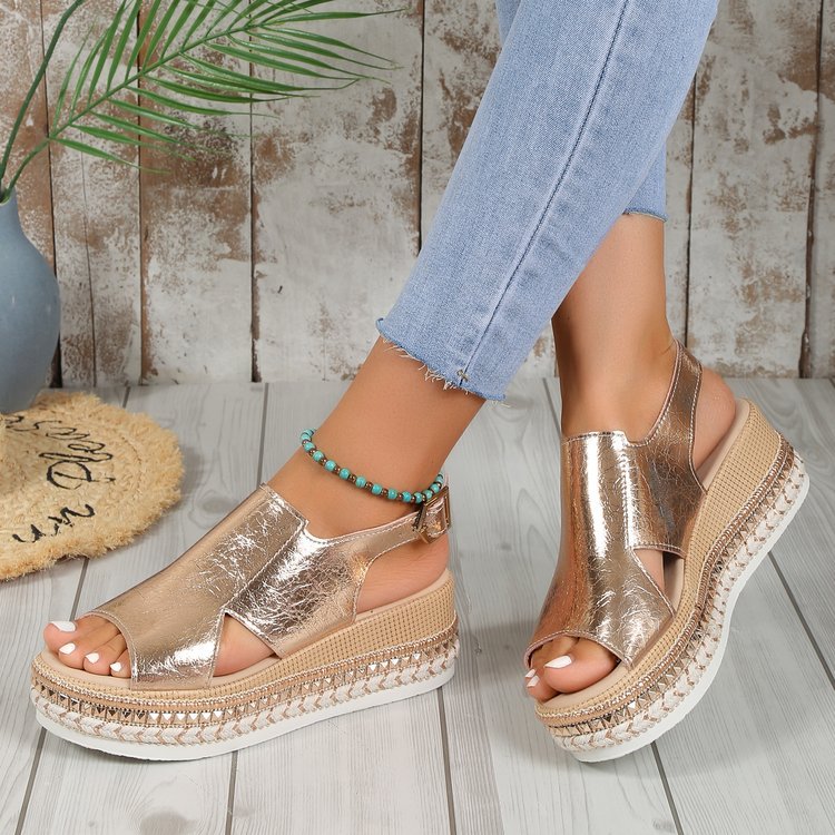 Womens Metallic Wedge Sandals - Fish Mouth Platform Heels with Buckle Strap | Gold & Silver Fashion Sandals TED