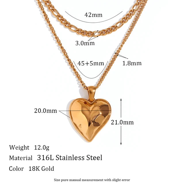 Gold Heart Pendant Necklace Double Layer Waterproof Stainless Steel Mother’s Day Gift Jewelry