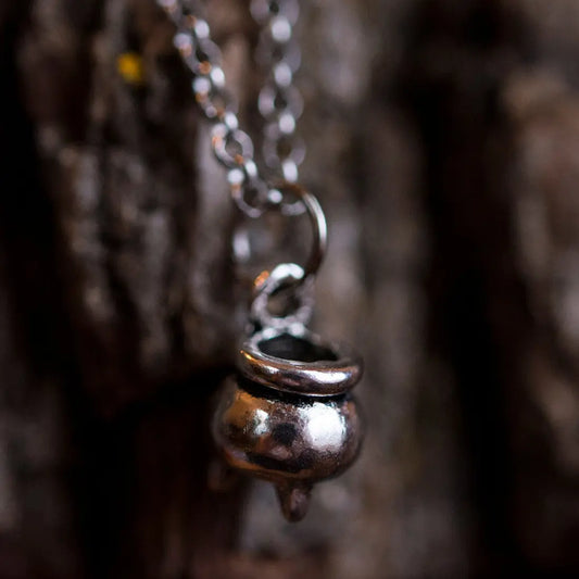 Halloween Witch Cauldron Necklace – Silver Wizard Pendant | Gothic Water Wave Chain Jewelry CJ