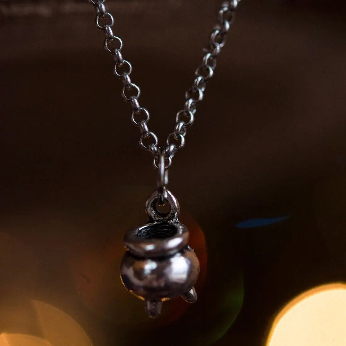 Halloween Witch Cauldron Necklace – Silver Wizard Pendant | Gothic Water Wave Chain Jewelry CJ