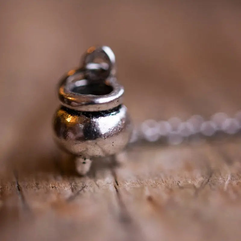 Halloween Witch Cauldron Necklace – Silver Wizard Pendant | Gothic Water Wave Chain Jewelry CJ