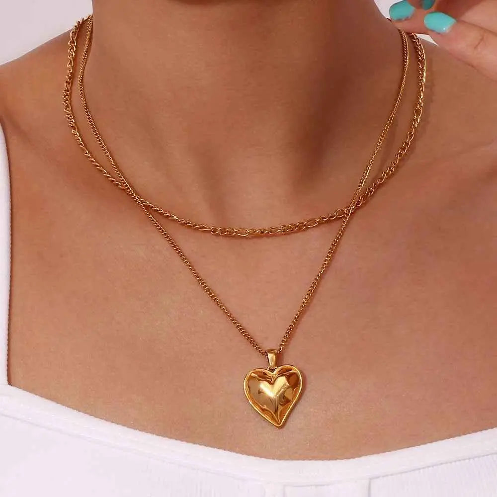 Gold Heart Pendant Necklace Double Layer Waterproof Stainless Steel Mother’s Day Gift Jewelry