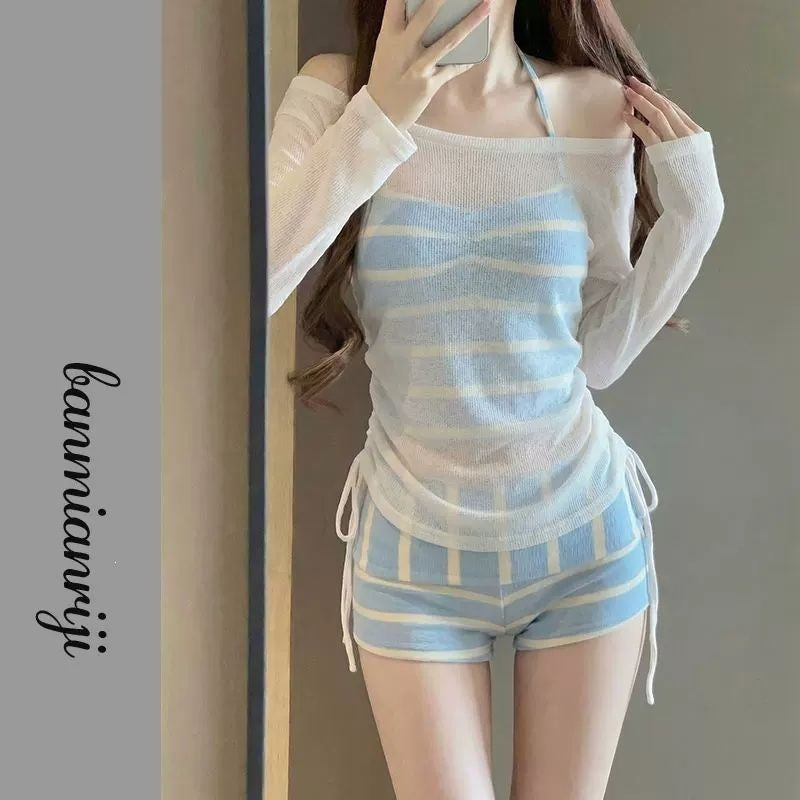 Women's Thai-Style Striped Bikini Set | Three-Piece Beach Swimwear with Cover-Up - EverCharm Gifts