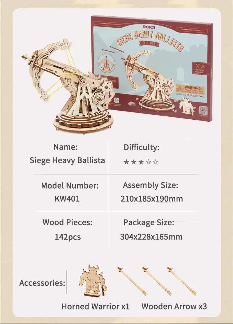 ROKR Siege Heavy Ballista 3D Wooden Puzzle – DIY Military Model Kit (142 Pieces)