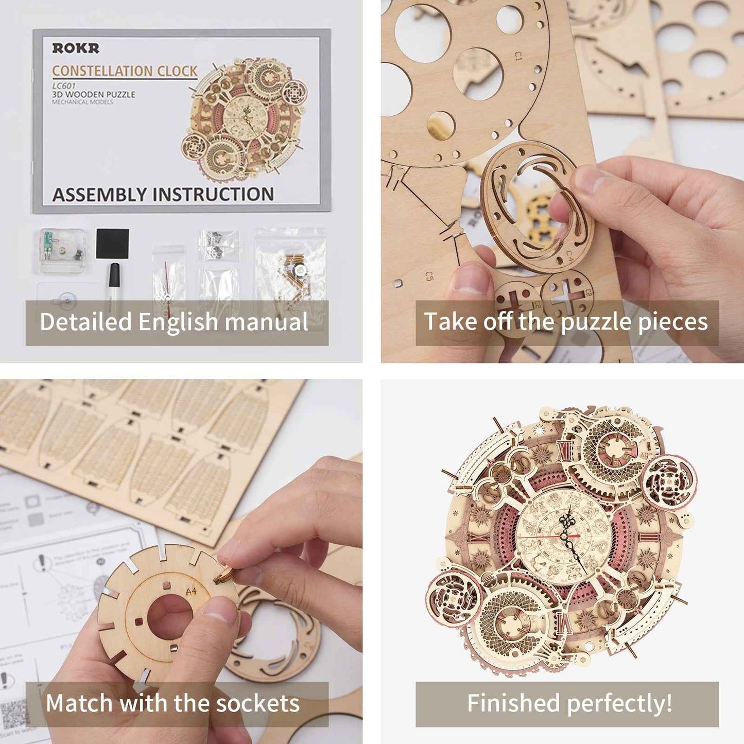ROKR Zodiac Wall Clock 3D Wooden Puzzle – DIY Mechanical Model Kit (168 Pieces)
