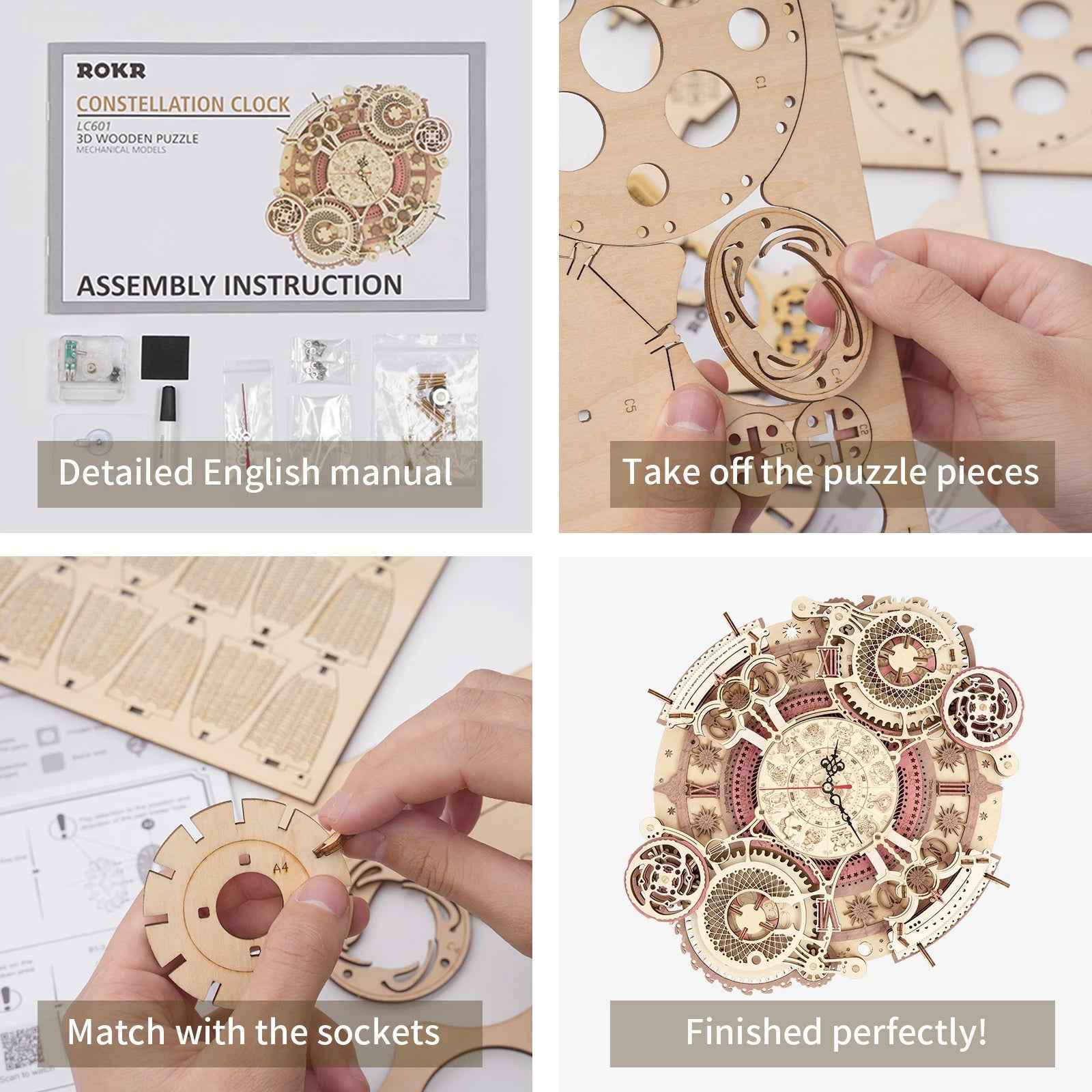 ROKR Zodiac Wall Clock 3D Wooden Puzzle – DIY Mechanical Model Kit (168 Pieces)