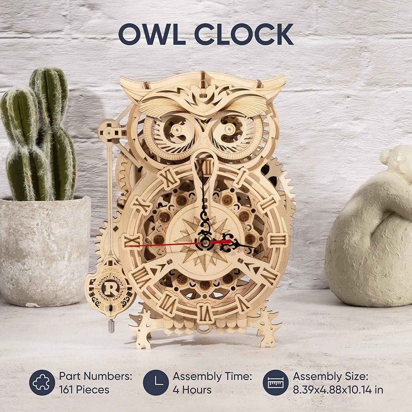 ROKR Owl Wooden Clock 3D Puzzle – DIY Building Kit with Quartz Movement (LK503)