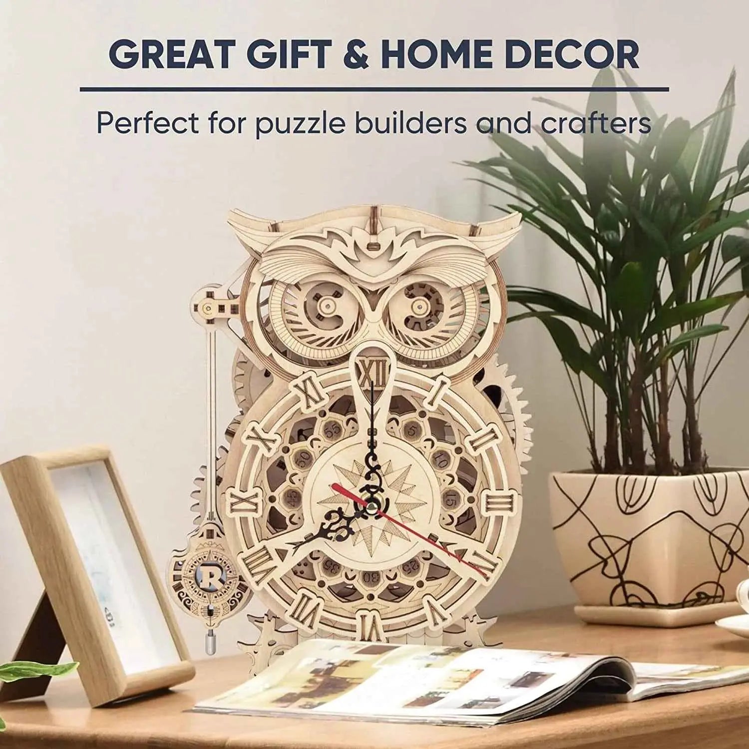 ROKR Owl Wooden Clock 3D Puzzle – DIY Building Kit with Quartz Movement (LK503)