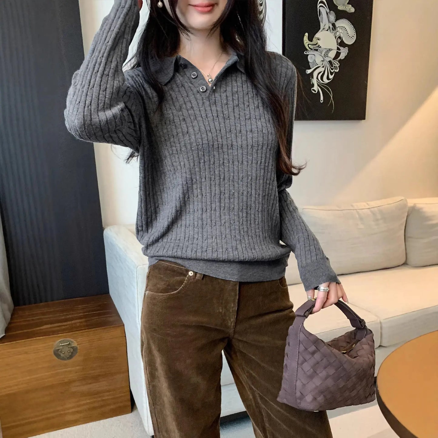 Women’s Loose Fit Collared Knit Sweater – Long Sleeve Elegant Pullover | Casual Office Knit Top EPR