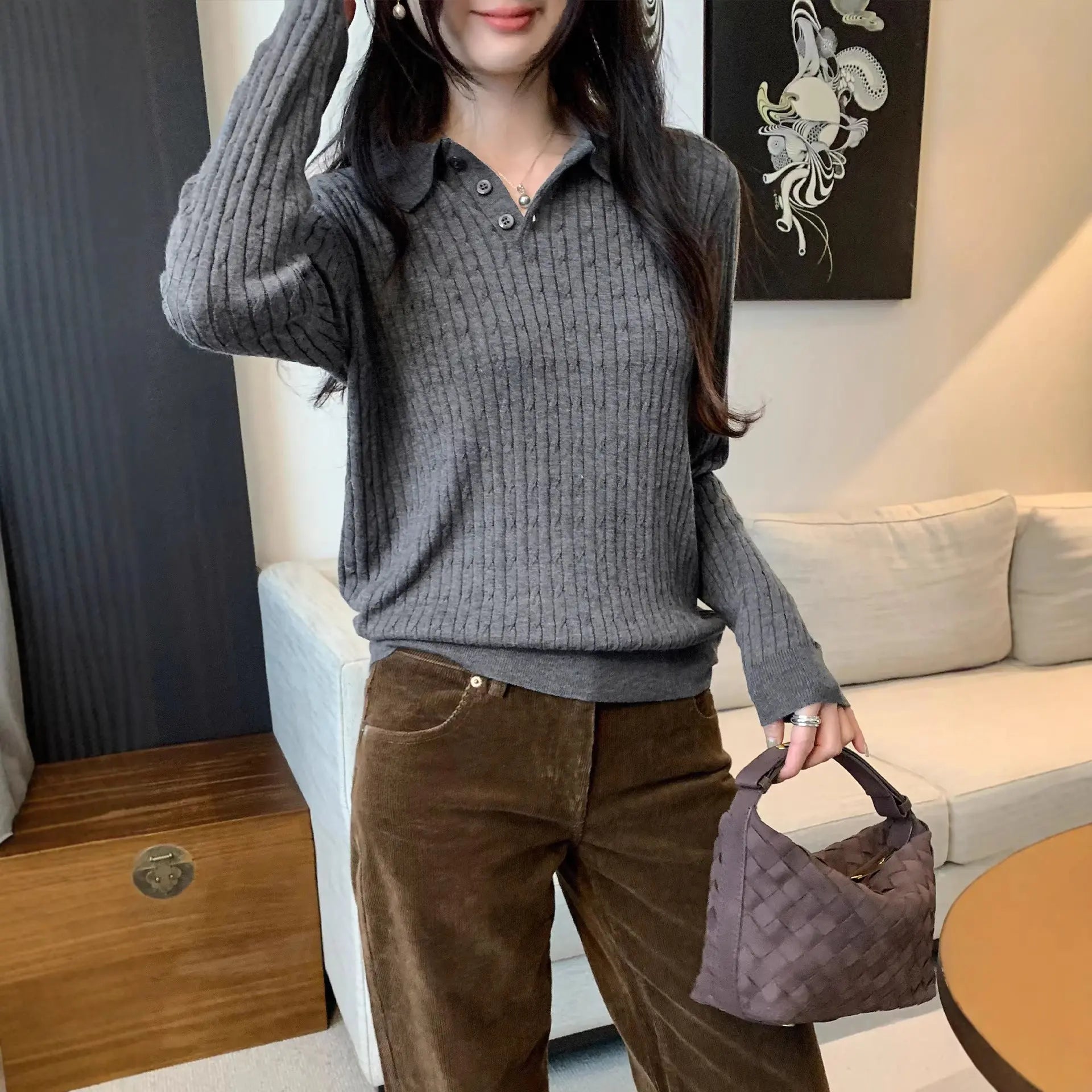 Women’s Loose Fit Collared Knit Sweater – Long Sleeve Elegant Pullover | Casual Office Knit Top EPR
