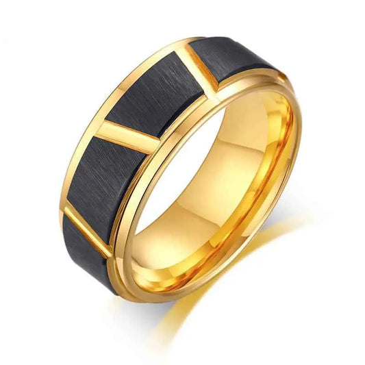 Men’s Tungsten Steel Ring – Black & Gold Geometric Band (Father’s Day Gift)