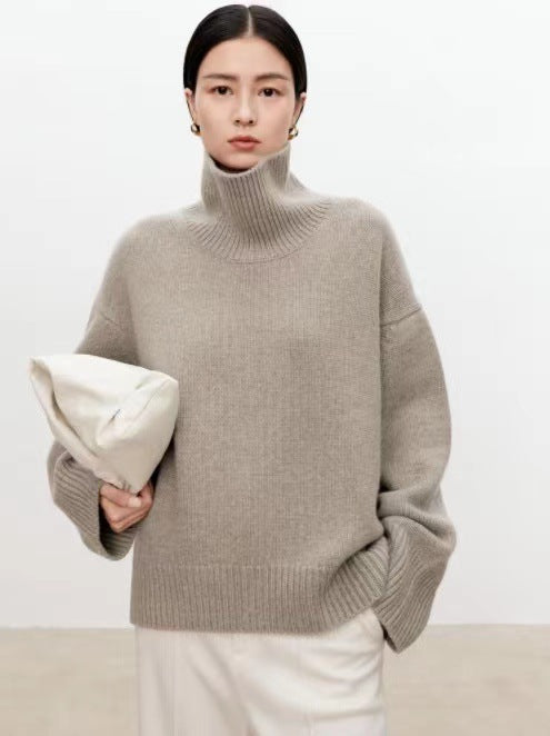 Women’s High Neck Cashmere Sweater – Loose Fit Thick Knit Wool Pullover | Free Shipping