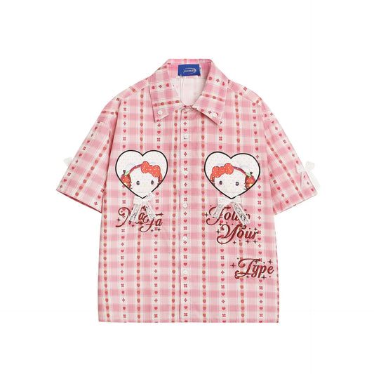 Women’s Pink Embroidered Cotton Shirt – Loose Fit Lace Collar Button-Up Blouse | Casual Short Sleeve Top