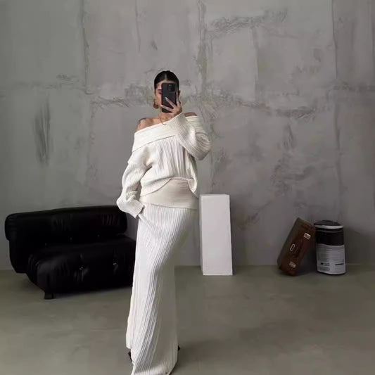 Womens Winter Outfit Two Piece Skirt Set – Off Shoulder Sweater & Long Skirt Outfit | Free Shipping
