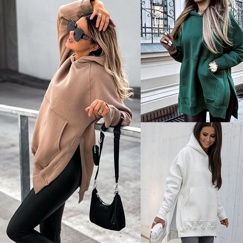Women’s Oversized Pullover Hoodie – Casual Pocket Slit Sweatshirt | Loose Fit Long Sleeve Hooded Top EPR